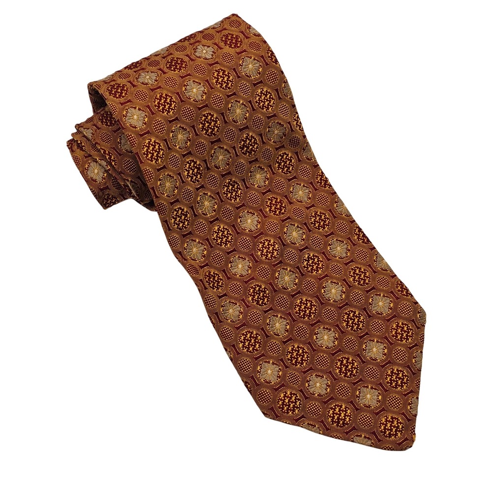 Robert Talbott Silk Tie Gold Burgundy Best of Class Geometric Medallion Luxury